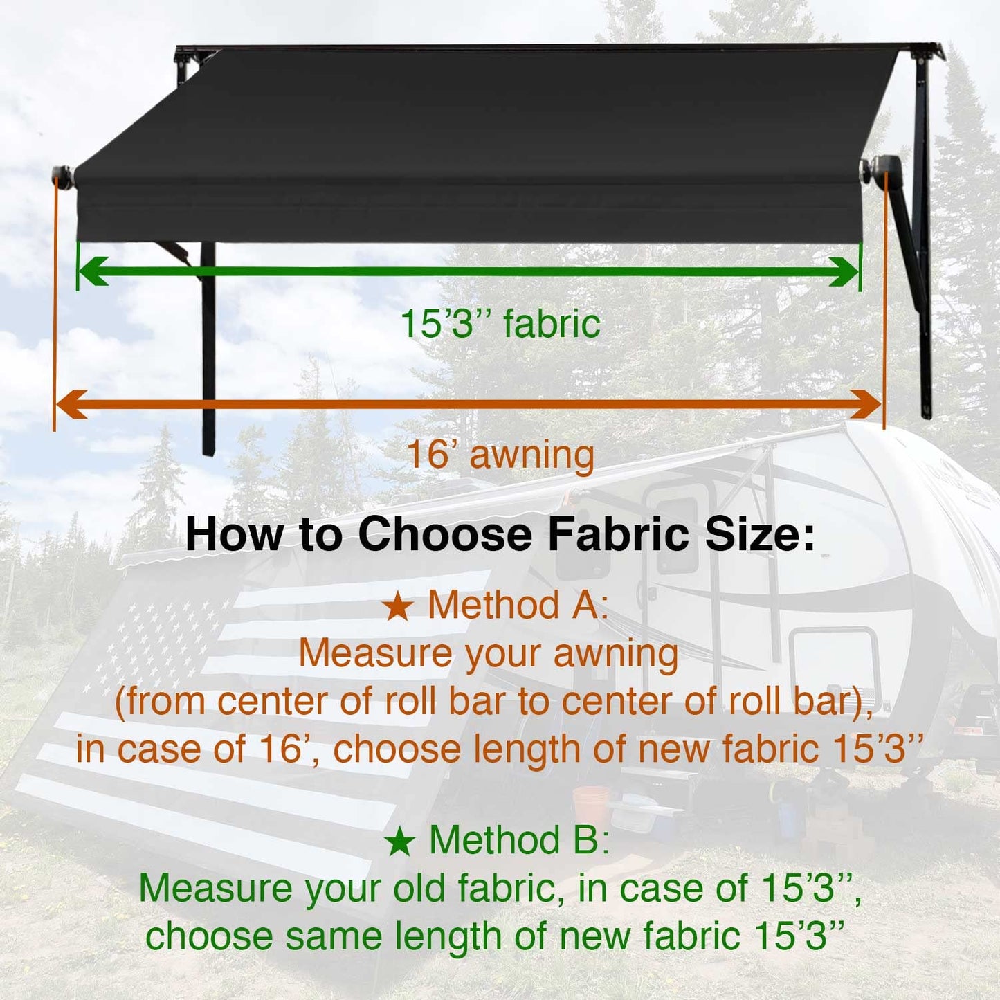 Leaveshade RV Awning Fabric Replacement Motorhome Camper Trailer Awning Fabric Super Heavy Vinyl Coated Polyester 15'3''(Fit for 16' Awning)-Solid Black