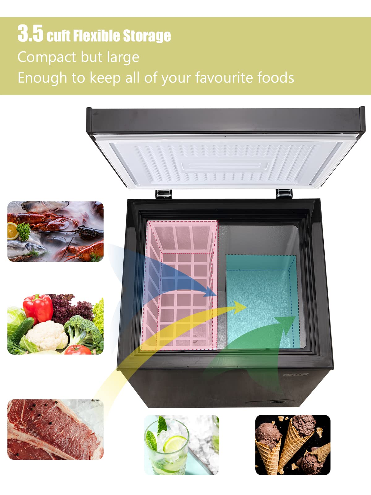 Krib Bling 3.5 Cu.Ft Freestanding Chest Freezer with a Removable Basket, 7 Gears Temperature Control (-18F to -46F), Deep Freezer for House, Garage, Kitchen, Basement, Shop, Black
