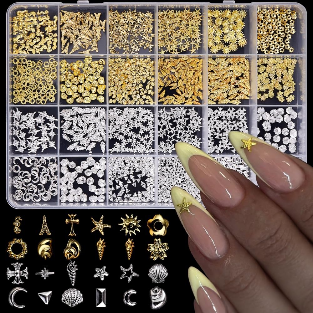 Gold Silver Nail Charms 3D Alloy Flower Nail Gems Ocean Beach Starfish Seashell Nail Jewels Multi-Shapes Metal Sun Moon Star Nail Art Supplies with Tweezer for Women DIY Acrylic Nail 24 Grids 1 Box