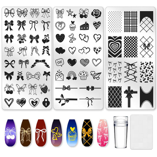 beinkmake 3Pcs Bow Nail Stamping Plate Set Girly Elements Romantic Heart Shape Stainless Steel Nail Stamp Templates Clear Silicone Nails Stamping with Stamper Scraper for Manicure Printing