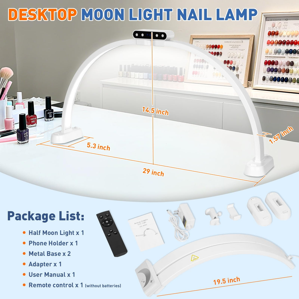 KIRKAS 29inch Large Half Moon Light for Nail Tech, 456 LEDs 3 Color Modes Infinitely Knob Arch Nail Light with Screen and Phone Holder Charging Function, Foldable Lighted Lamp for Manicure,Craft-White