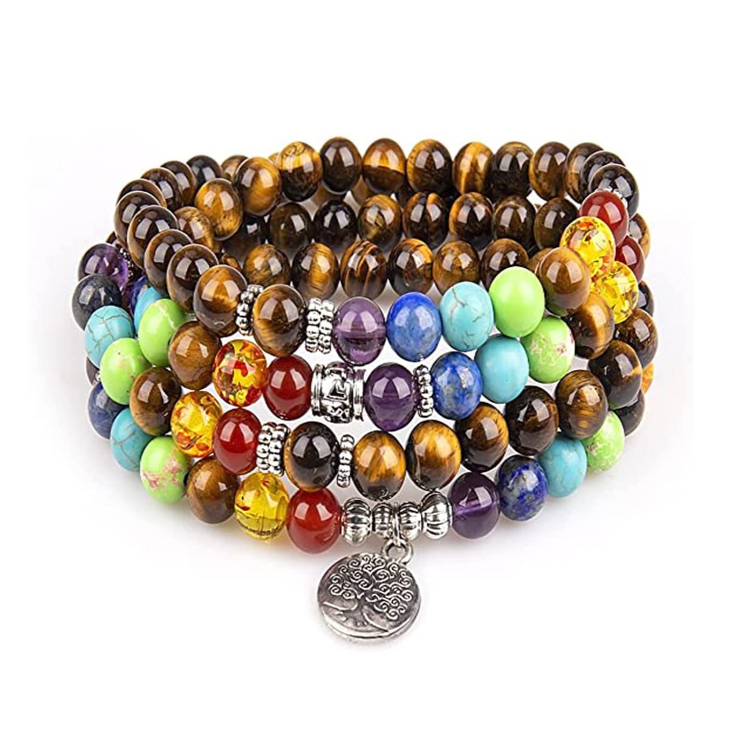 Addmluck 108 Mala Beads Necklace 7 Chakra Tree of Life Pendant Prayer Buddha Bracelets Healing Stone Yoga Men Women Jewelry(7 chakra tiger eye)