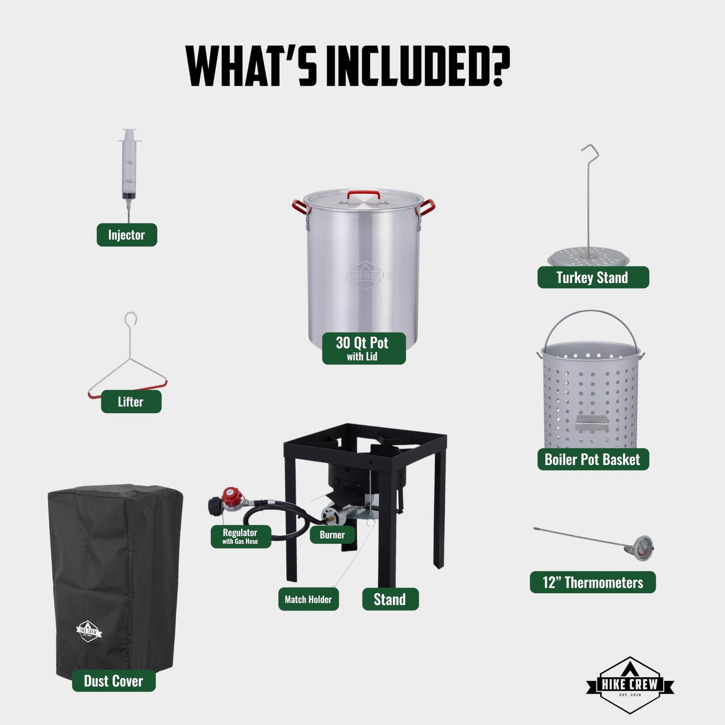 Hike Crew Outdoor Turkey Fryer Kit - Complete Kit for Steaming, Boiling & Frying with 30Qt Boiler Pot, Fry Basket, 12” Thermometer, Injector, Lifter, Turkey Stand, Gloves, Storage Cover & More