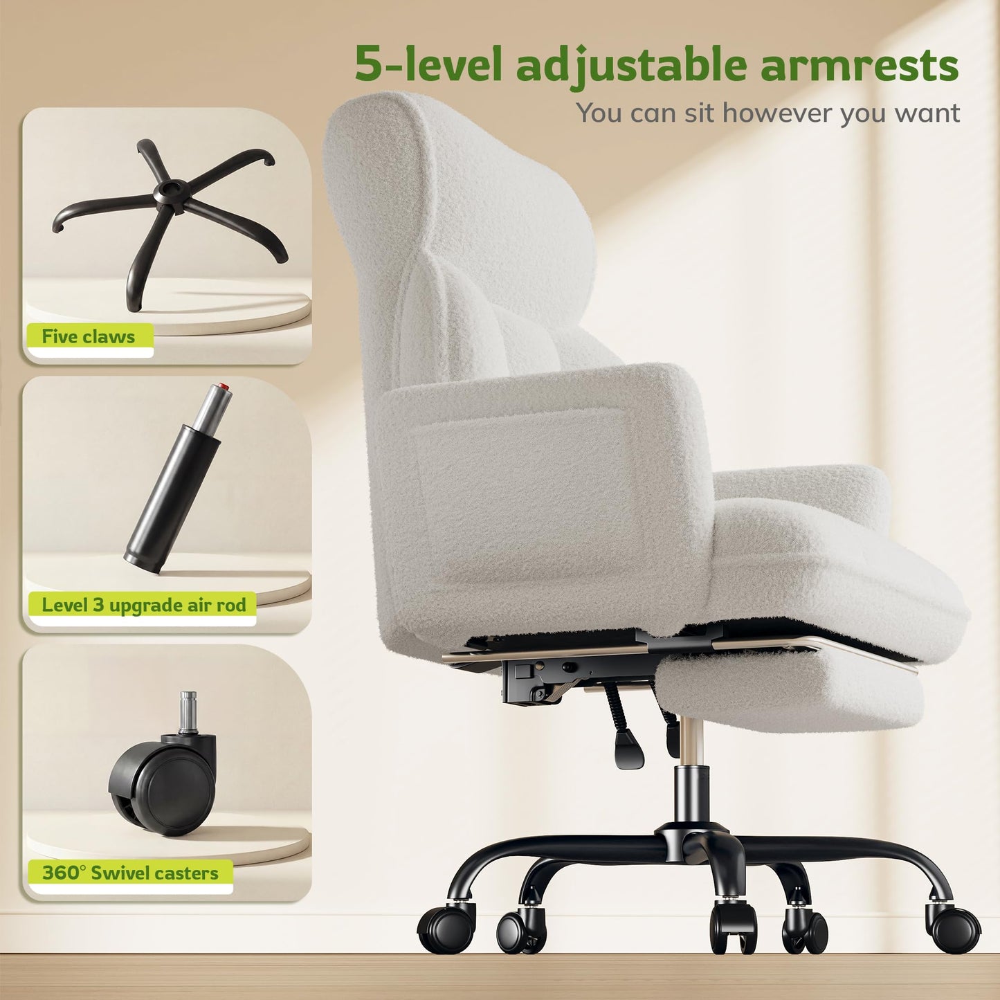 DurayLoly Big and Tall Office Chair with Adjustable Arms and Back, Ergonomic Office Chair with Footrest and Comfortable Fabric for Home Office, Bedroom,White