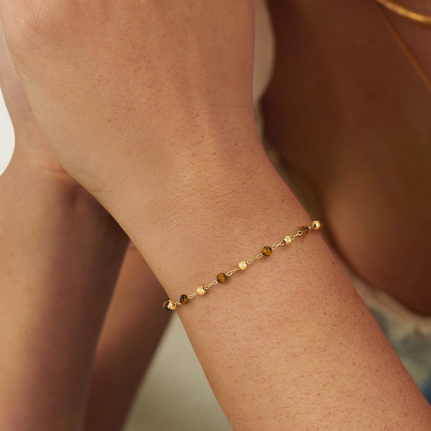 MEVECCO Gold Bracelet for Women 18K Gold Plated Tiger Eye Stone Custom Handmade Mixed Beads Charm Chain Bracelet Stack Jewelry Gifts