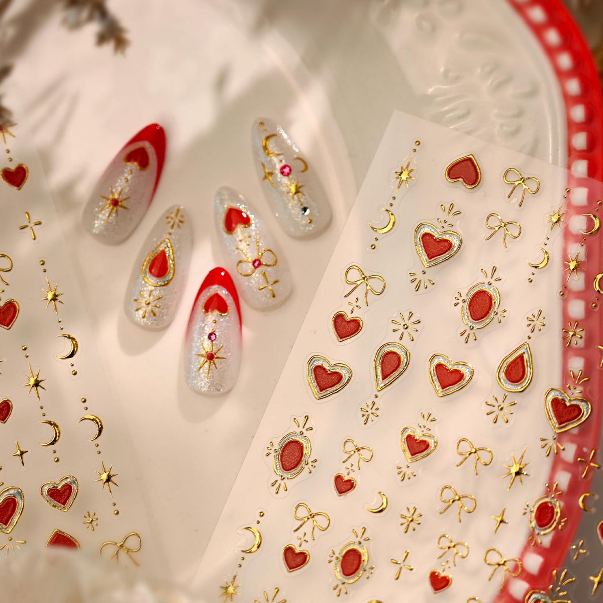 Gold Moon Star Nail Art Stickers 5D Embossed Red Heart Nail Stickers for Nail Art Bow Nail Decals Gold Nail Design Star Nail Supplies for Women Girls DIY Manicure Decoration