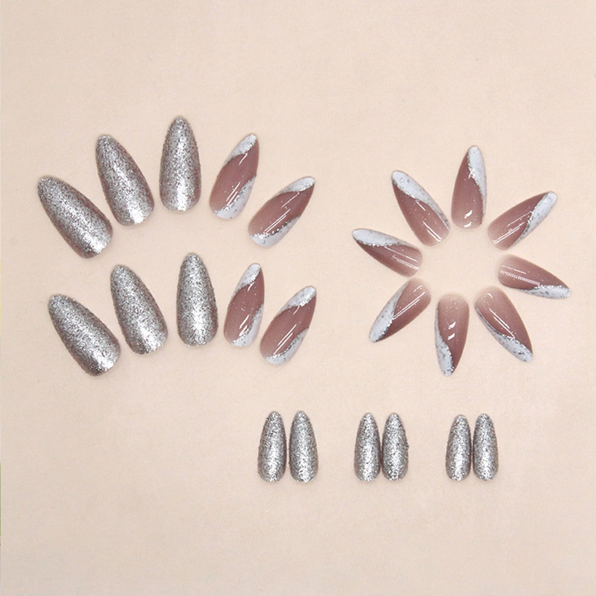 IMSOHOT Almond Press on Nails Glitter French Tips Fake Nails Silver Shiny Glossy Glue on Nails Full Cover Stiletto Acrylic False Nails for Women 24pcs