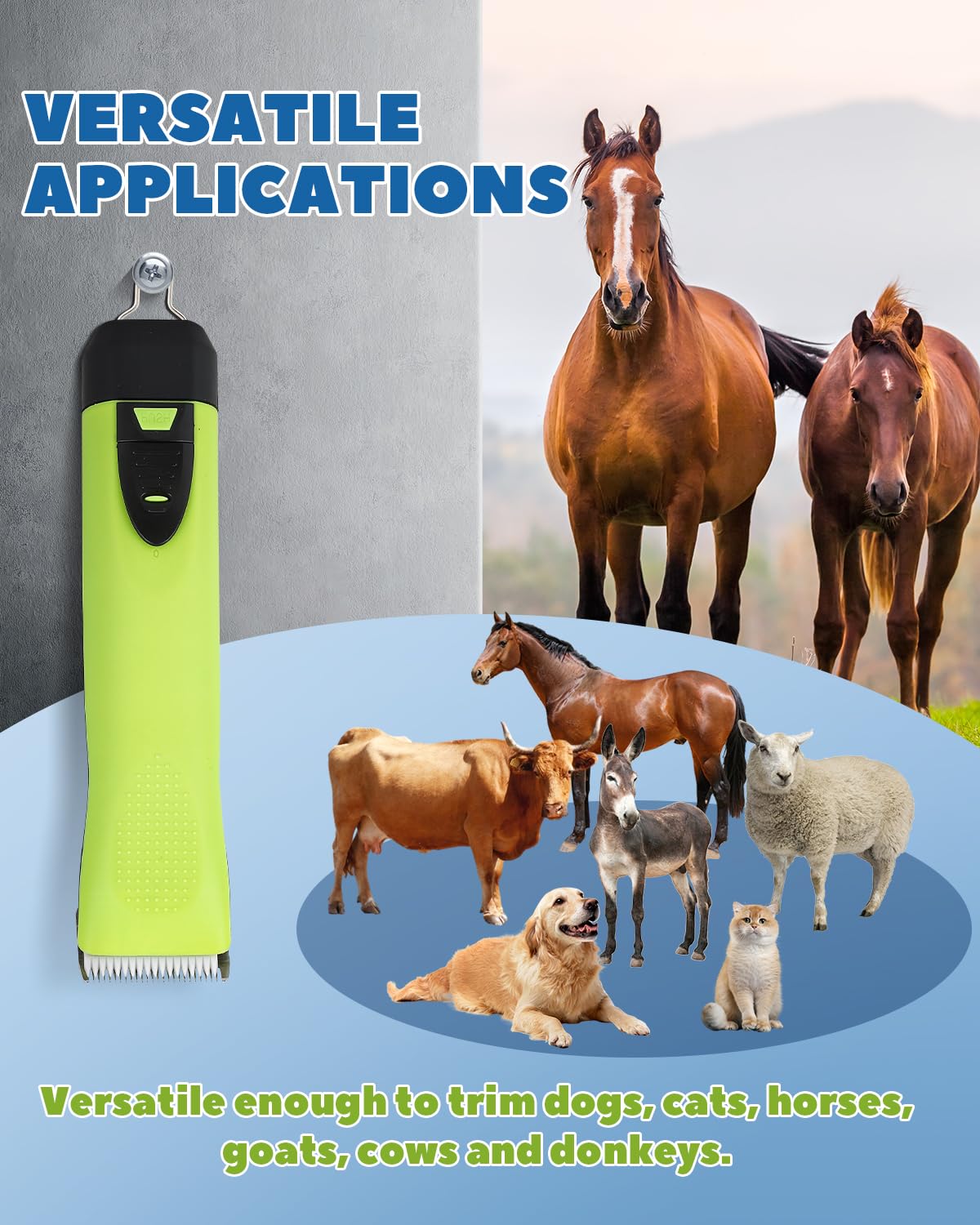 Luzrise Cordless Horse Clippers, Professional Pet Grooming Clippers, 2 Speed Pet Trimmer with 4 Magnetic Guide Comb, Detachable Blade, Low Noise< 50db for Horse,Pony,Cat,Dog,Goat