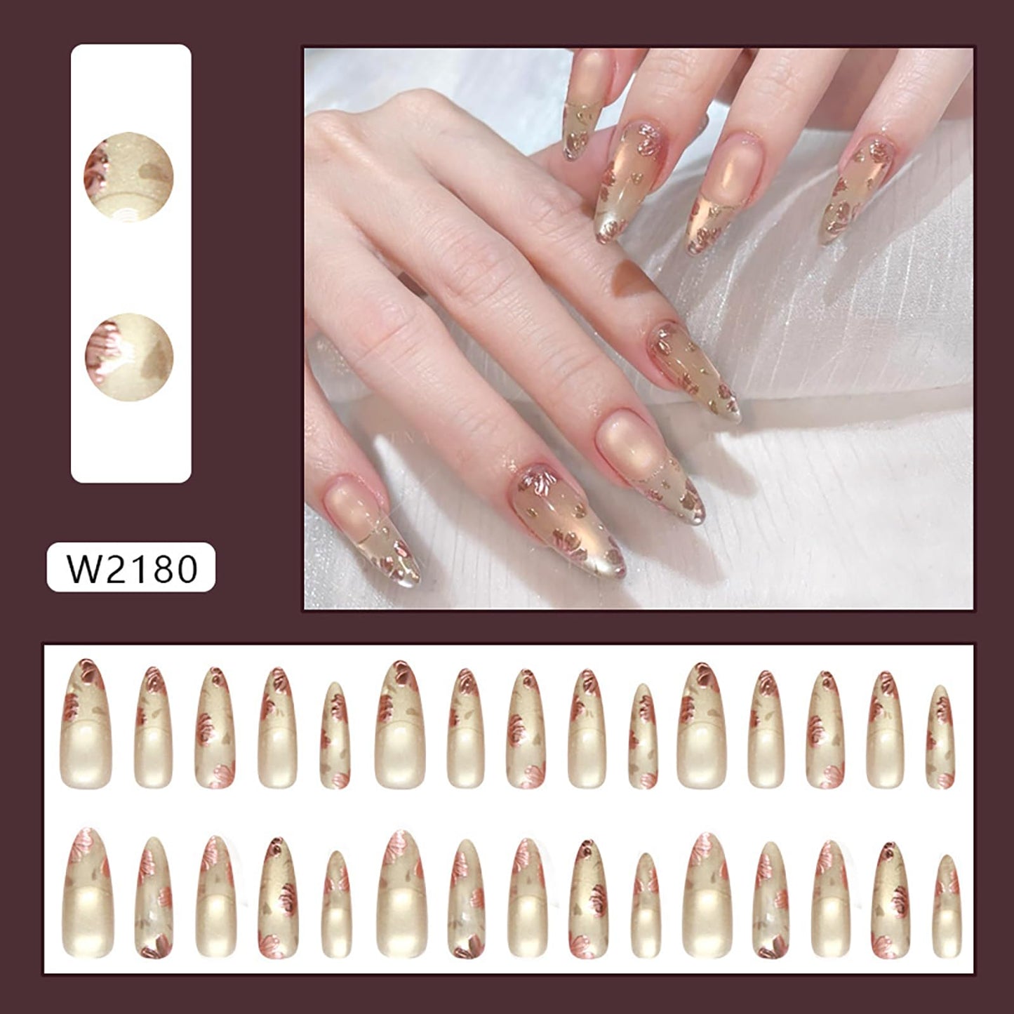 French Long Press on Nails 3D Cat Eye Almond Fake Nails Nude Flower Stick on Nails Acrylic Glossy False Nails for Women Manicure Decoration 30Pcs