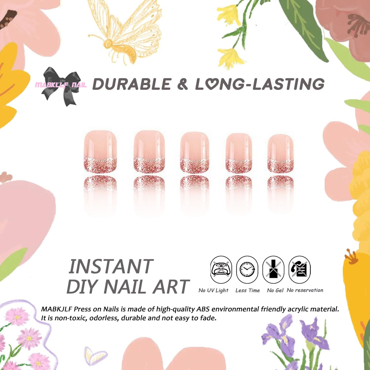 Pink French Tip Press on Nails Short Square MABKJLF Fake Nails False Nails with Glitter Designs Full Cover Glossy Glue on Nails Acrylic Nails for Women Girls 24Pcs