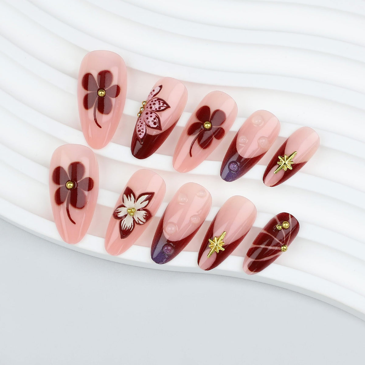 Long Press on Nails Almond Fake Nails Burgundy Artificial Nail Floral French Tips Gold Star Charm Purple Gradient Glossy Romantic Stick on Nail for Women 24pcs