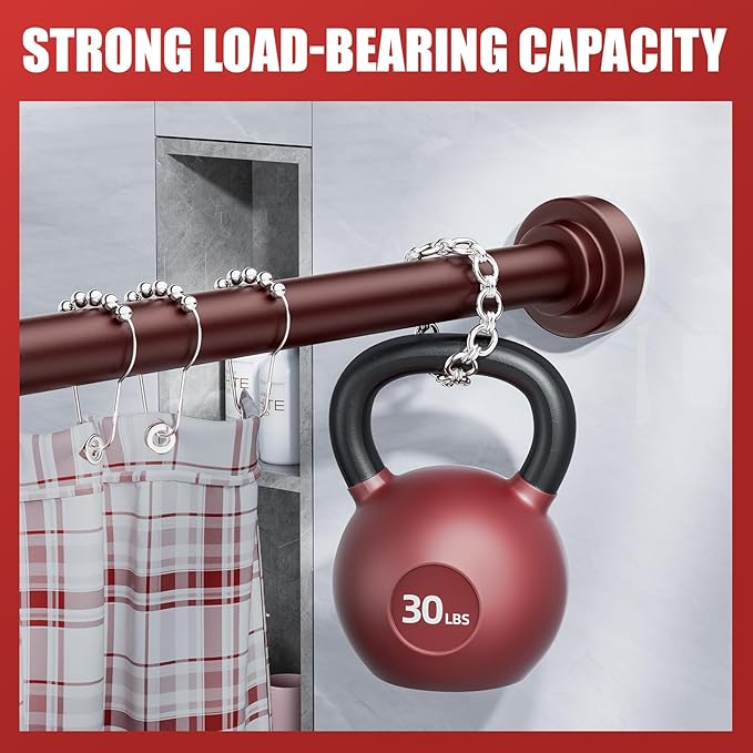 Ausemku Shower Curtain Rod - 32-92 Inch Rustproof Tension Rod, Non-Slip Spring Design, No Drilling Adjustable Curtain Rod for Bathroom, Kitchen, and Closet（Brown）