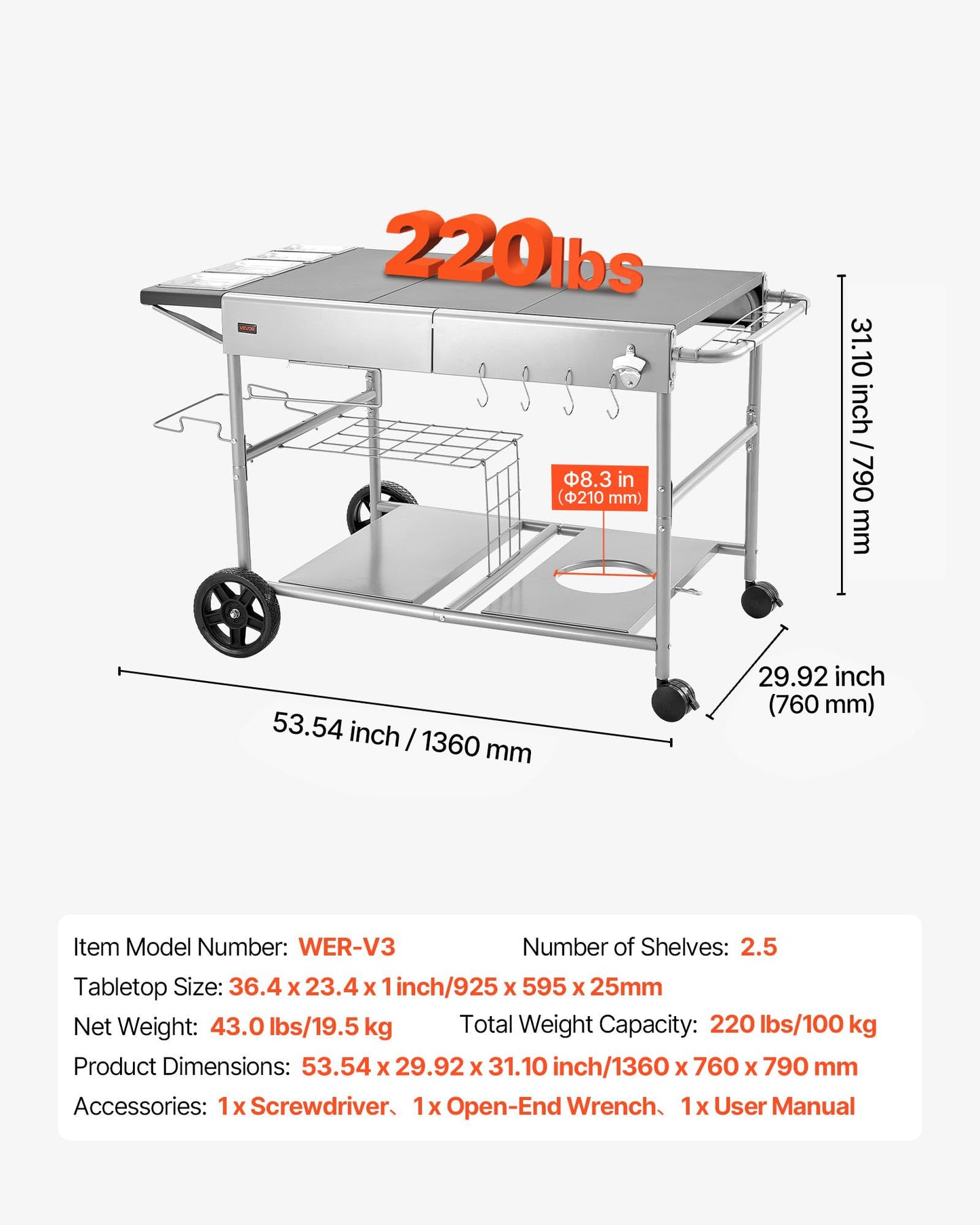 VEVOR Outdoor Grill Cart, 36.4 x 23.4 x 1 inch Tabletop Size Grilling Table, Movable Outdoor Cooking Table with 4 Spice Containers, Wheels, Lids, Hooks, BBQ Prep Tables for Picnic, Kitchen, Courtyard