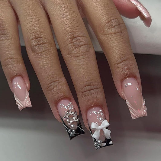 Medium Square Press on Nails Bow Fake Nails Black French Tip False Nails Press ons with 3D Bow Star Pearls Designs Reusable Acrylic Nails Full Cover Artificial Stick on Nails for Women Manicure 24Pcs