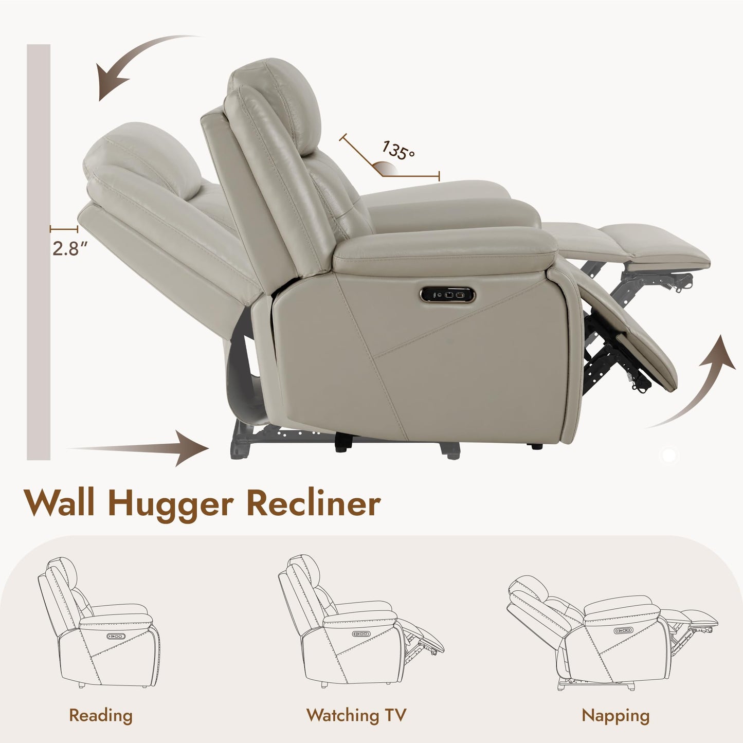 Watson & Whitely Genuine Leather Power Recliner Chair for Adults, Wall Hugger Recliner with Power Headrest, Cup Holders & Charging Ports, Electric Reclining Chairs for Living Room, RV, Grey