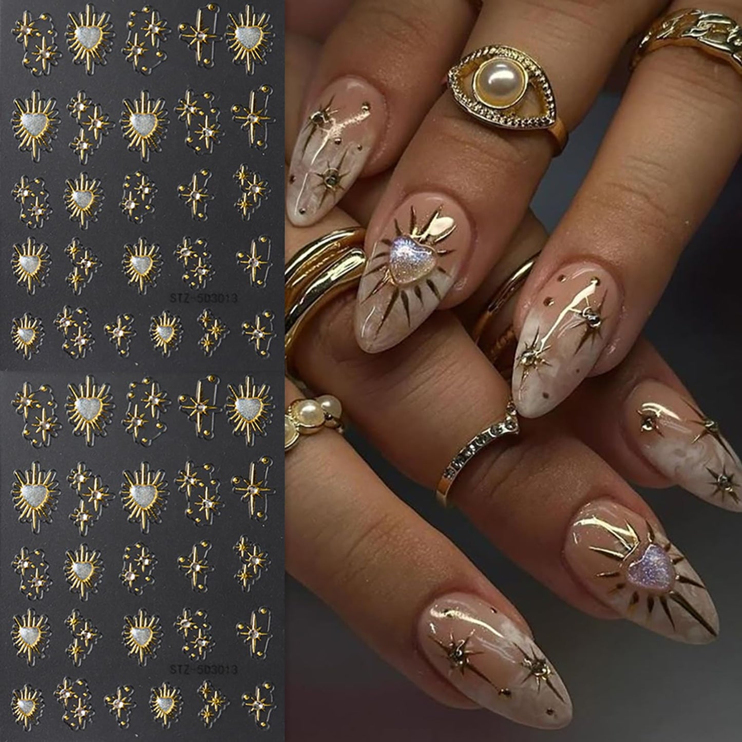 4 Sheets Gold Heart Star Nail Art Stickers 5D Relief Self -Adhesive Golden Stars with Love Heart Rhinestones Nail Decals Holographic Gold Nail Stickers Decoration for Women DIY Manicure Supplies