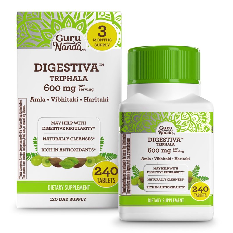 GuruNanda Digestiva Triphala - Dietary Supplement with Amla, Haritaki & Bibhitaki to Promote Nutrient Absorption, Support Digestion & Help with Bloating - 240 Vegan Tablets