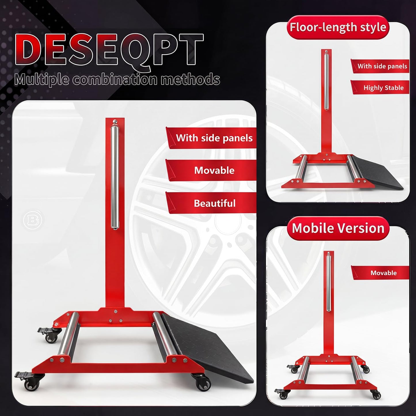 DESEQPT Upgraded Rolling Wheel Detailing Stand – Heavy-Duty Tire Cleaning and Polishing Roller with Wheels Handle Ramp and 3-Way Rotating Rollers for Ceramic Coating, Tire Shine, Car Wheel Wash