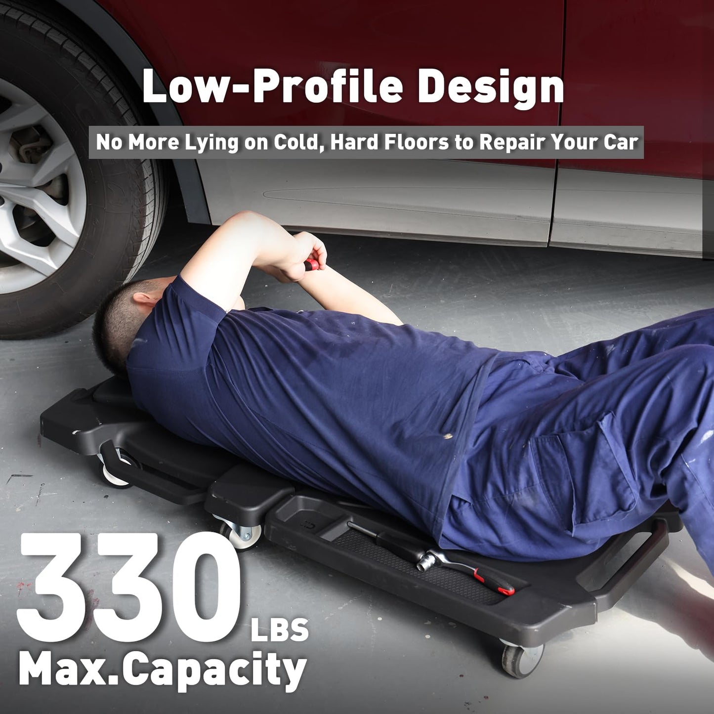 41" Foldable Mechanic Creeper with 6 Swivel Wheels, Low Profile Design with Padded Headrest & Tool Trays, 330 lbs Capacity, Creepers Automotive for Garage Repair