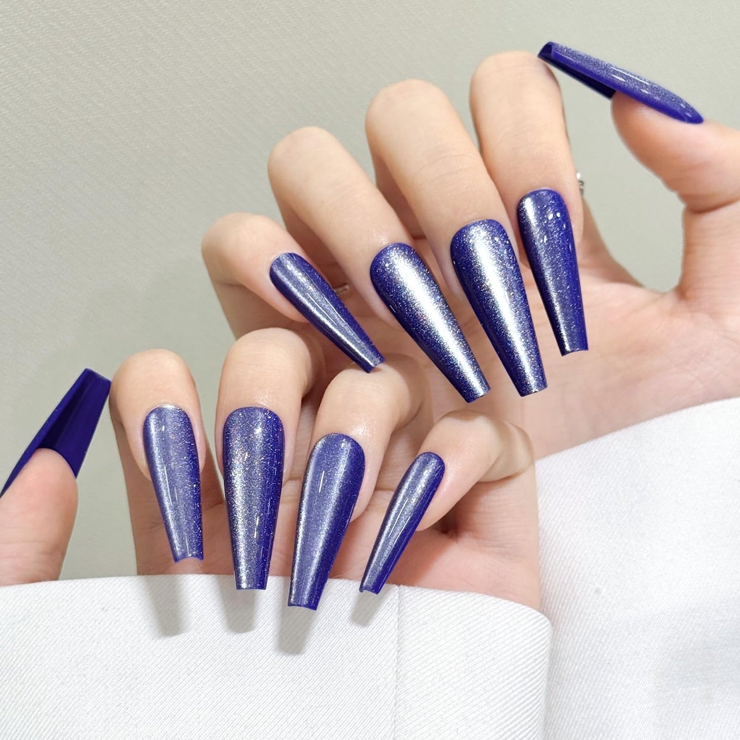 Navy Blue Cat Eyes Press On Nails,12 Sizes-24 Pcs Soft Gel Blue Long Coffin Fake Nails Kit with Nail Glue, Natural Reusable Stick On False Nails for Women and Girls SK1050