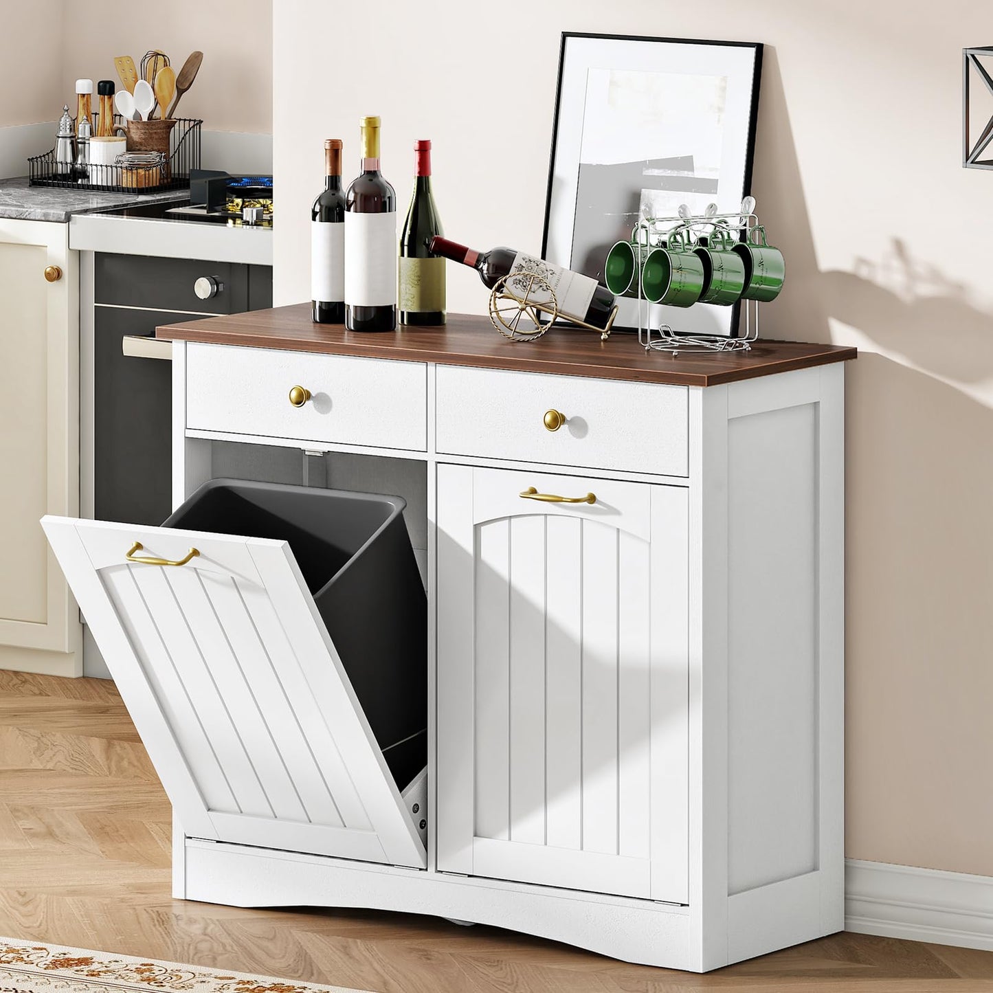 HOOBRO Double Tilt Out Trash Can Cabinet, Hidden Trash Bin Storage with 2 Drawers, Freestanding Kitchen Island Cabinet, for Kitchen, Laundry Room, White and Walnut WH22LJ01US