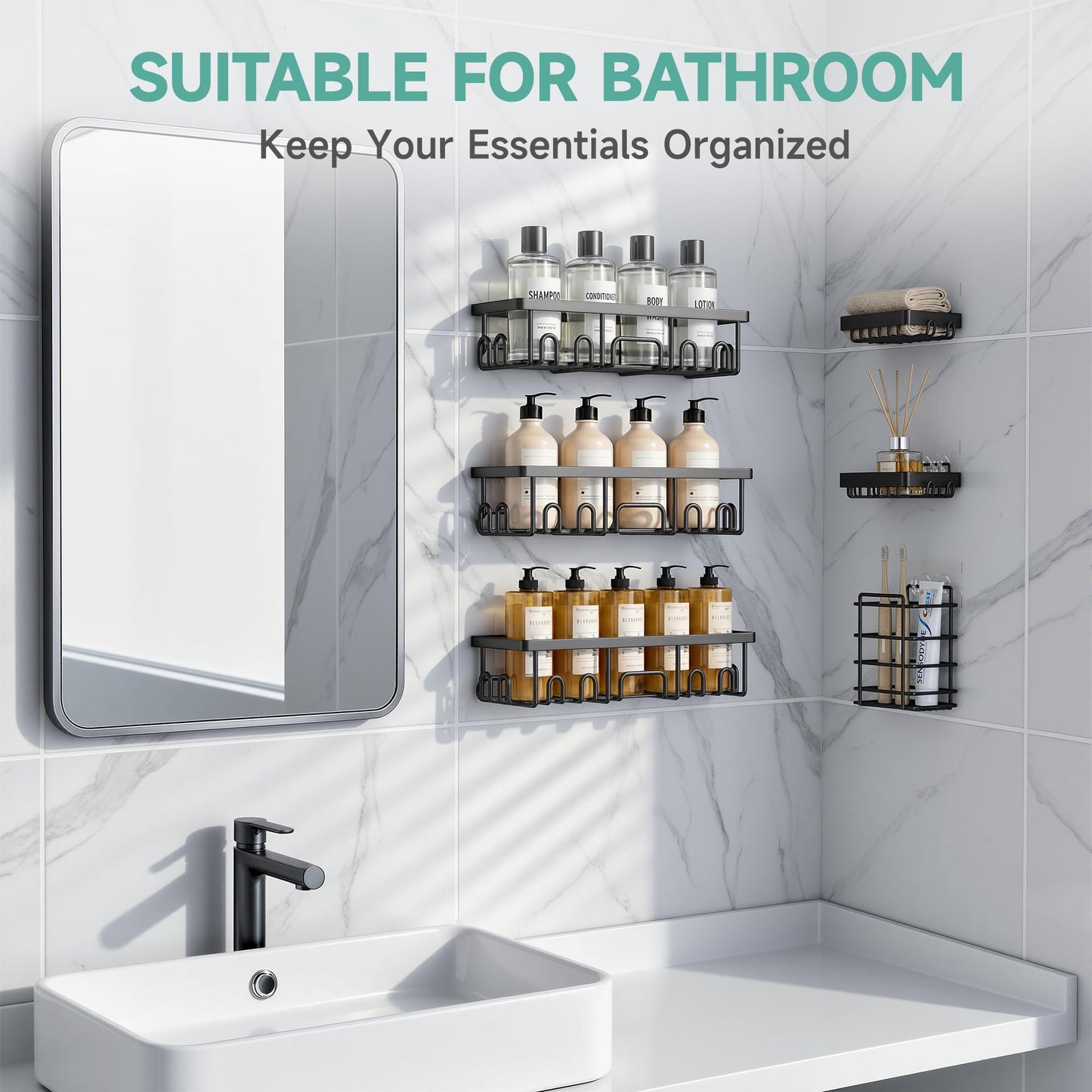 Veken Shower Caddy 6-Pack, Advanced Rustproof Design, No Drilling Adhesive Shelves, Rack with Soap Holder, Large Capacity Bathroom Organizers and Storage, Wall-Mounted Kitchen & Home Decor