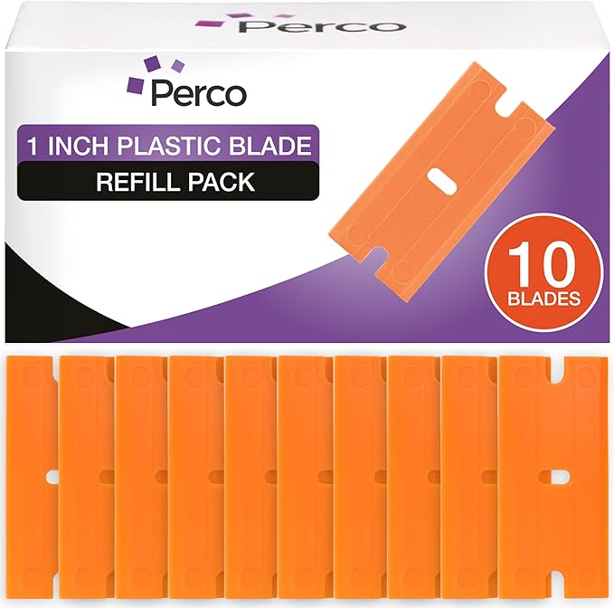 Perco Plastic Scraper Blade Refills - Durable, Rust-Free Double-Edged 1.5" Non-Scratch Razor Blades for Decals, Adhesives, Vinyl & More â Ideal for Cars, Glass & Delicate Surfaces - 10 Blades Per Box