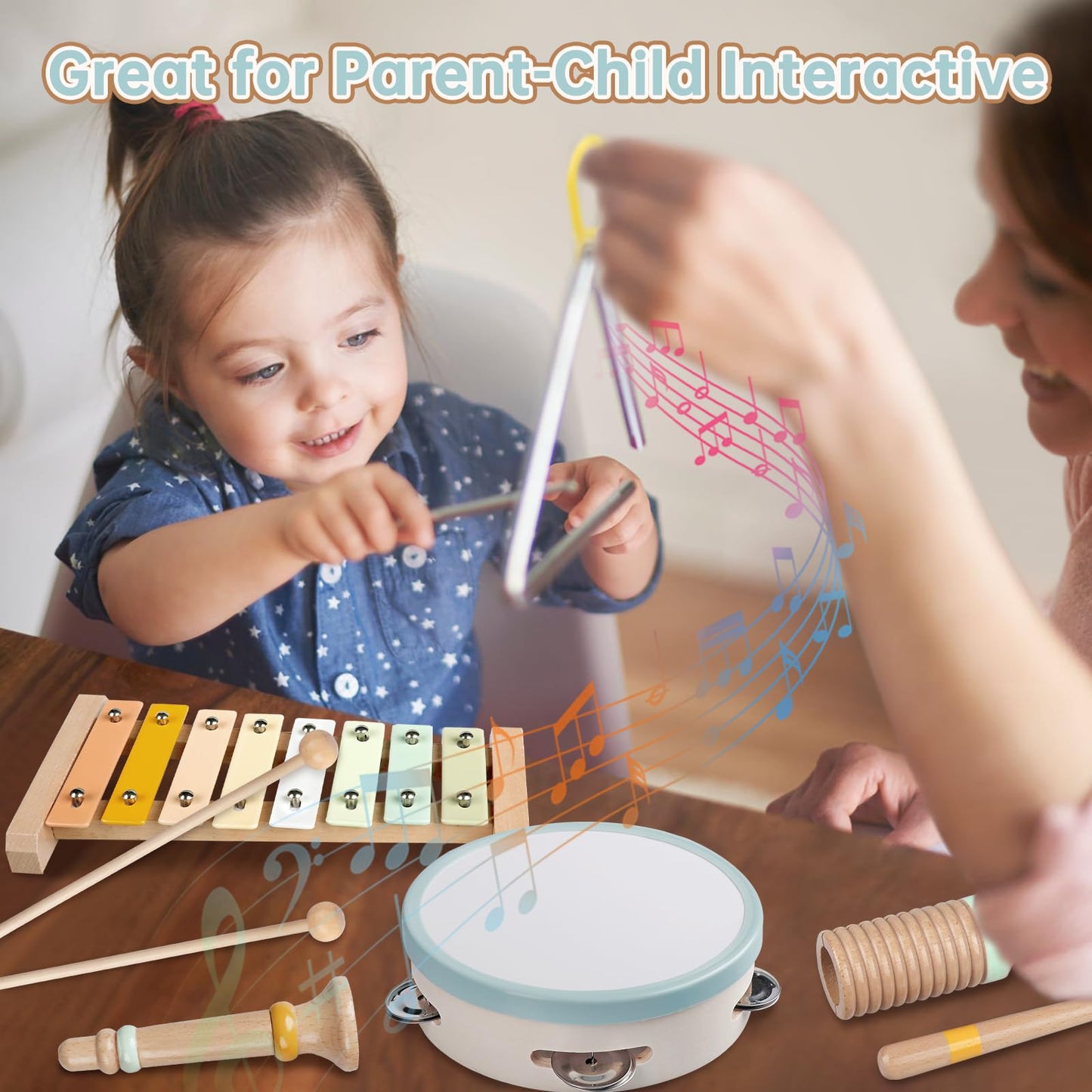 Baby Musical Instruments - Toddler Musical Toys Montessori Wooden Xylophone Maracas Tambourine Percussion Set for 1 2 3 Year Old, Kids Educational Music Learning Toys, Birthday Gifts for Boys Girls