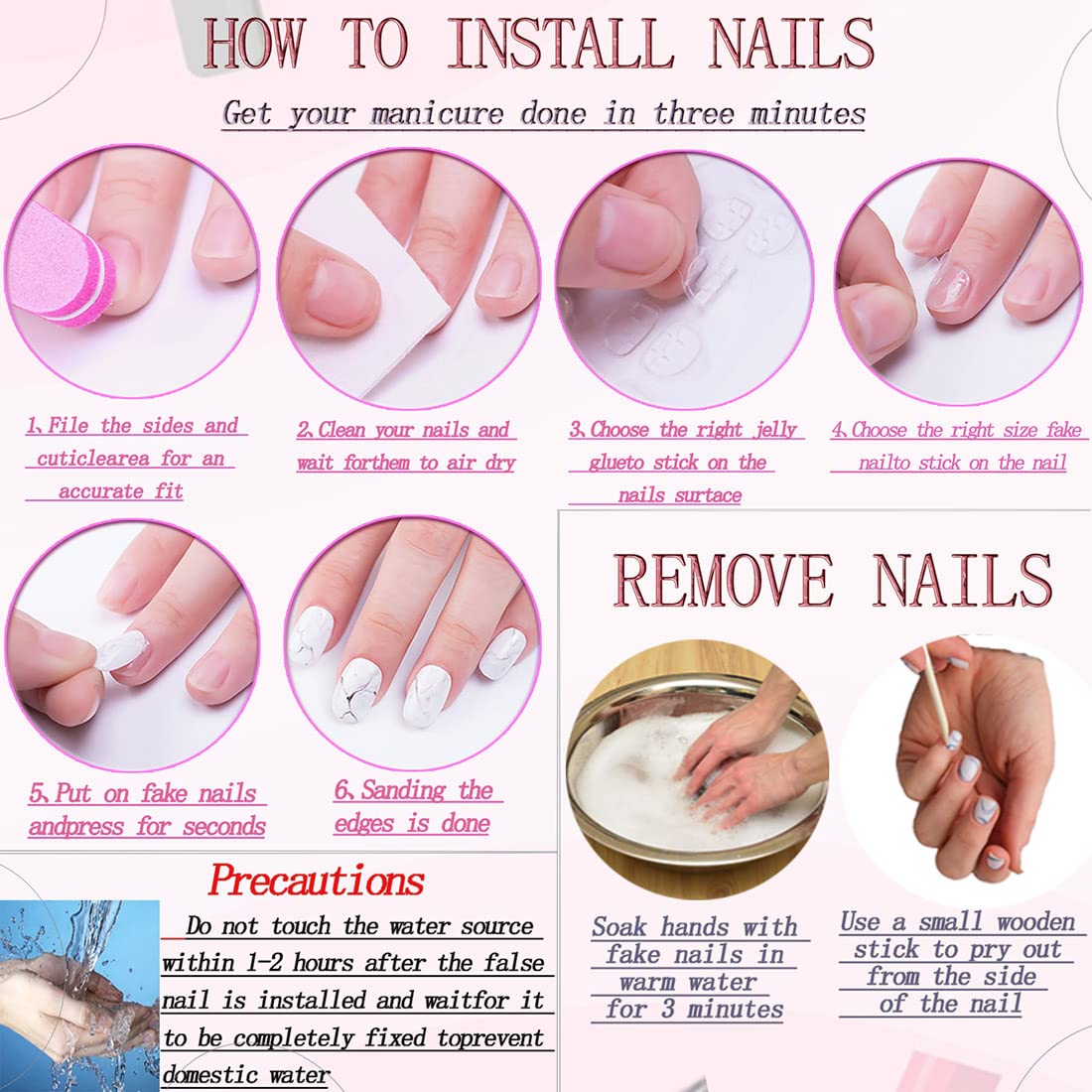 RUOKEXIN Almond Press on Nails Medium Fake Nails French Tip False Nails with Gold 3D Designs Pink Nail Press ons Sparkly Artificial Nails for Women 24Pcs