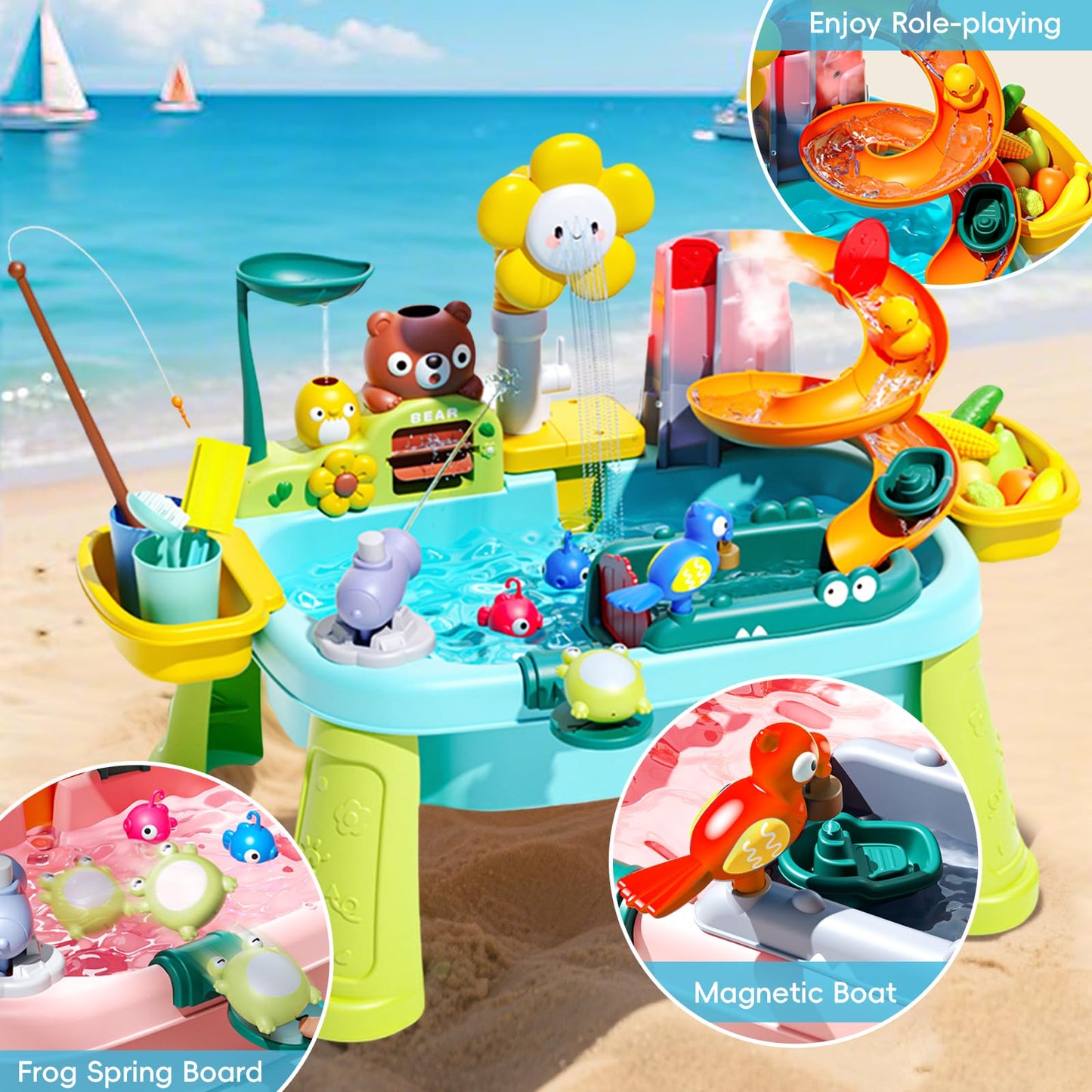Ploomi Upgraded Toddler Sand Water Table Toy with Electric Water Pump, Kids Sand Water with Faucet/Play Food Accessories/Fishing Toy, Kitchen Play Sink Toys for Girl Boy Age 3+ (Light-Blue)