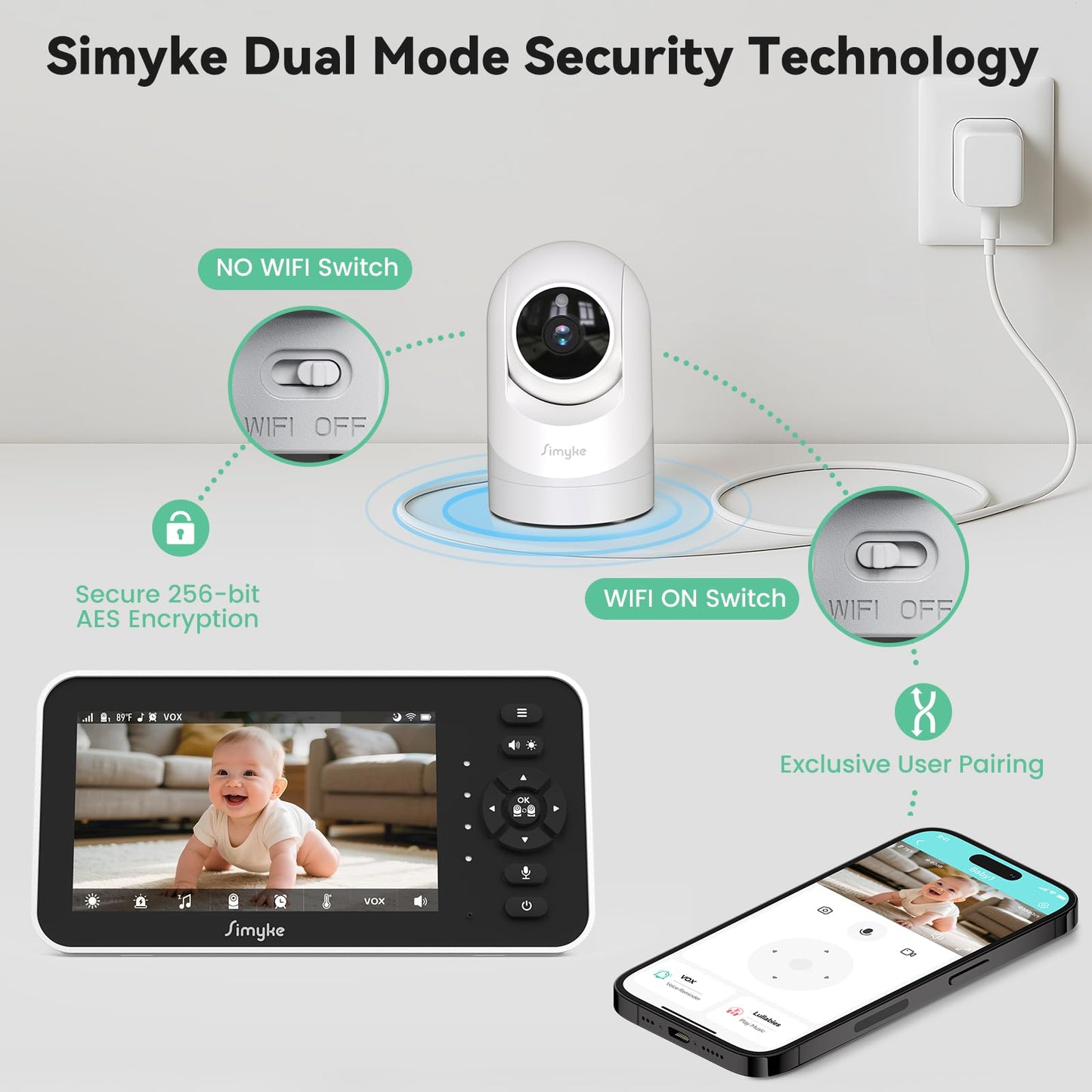 Simyke Video Baby Monitor with Camera and Audio,5inch Screen,720P,No Wifi or Free Smartphone App Mode,Remote Pan/Tilt/Zoom Camera,Lullabies,Feeding Remind,Night Vision,VOX,2-Way Talk,1500ft long Range
