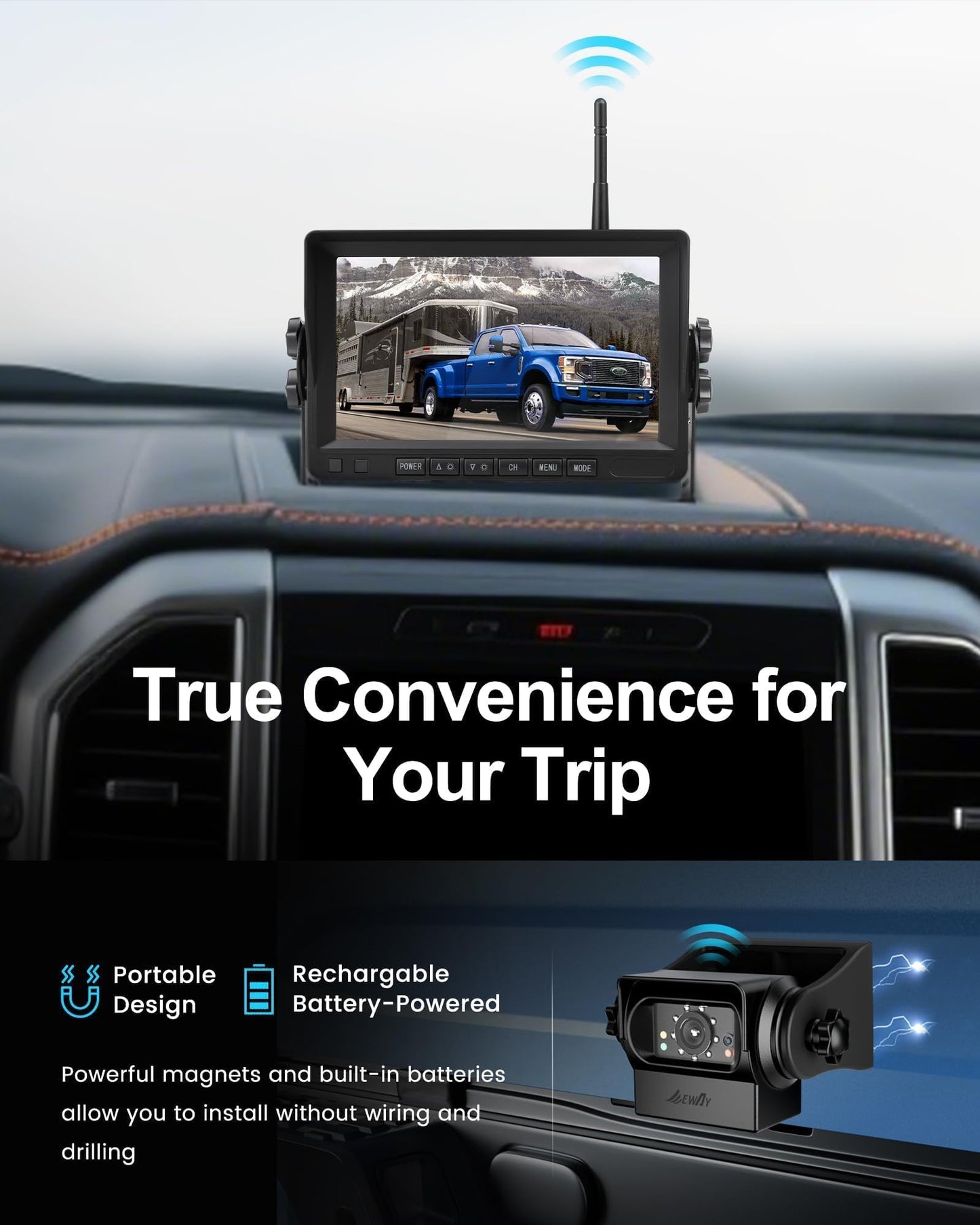 EWAY 2X Magnetic Wireless WiFi Backup Camera 7" IPS Monitor HD 1080P Rechargeable Battery No Wiring, Rear Reverse Monitoring Hitch Camera for Car Truck Pickup RV Camper 5th Wheel Horse Boat Trailer