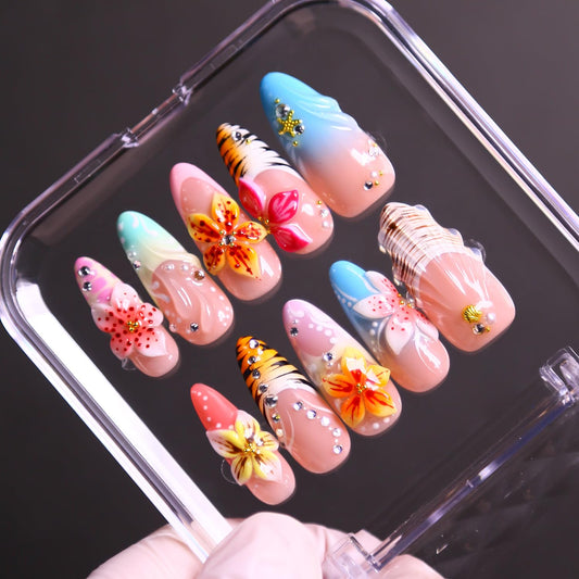 MAGLFELL Press On Nails, 10 Pcs Handmade French Stiletto Fake Nails, Reusable Artificial Unique 3D False Nails for Women 3D Acrylic Nails Kit (Size S)