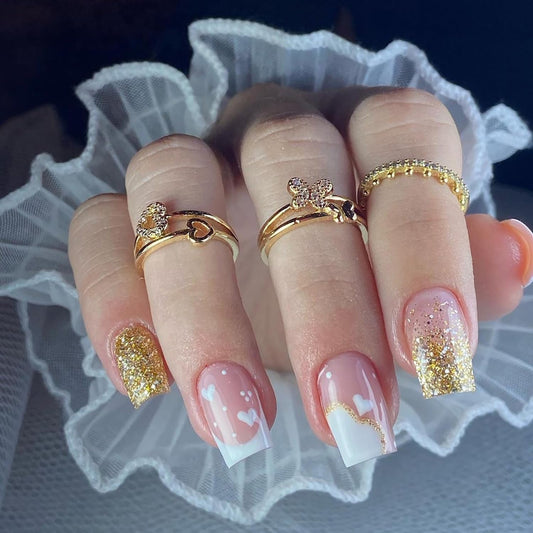 Vezocim 24Pcs Press on Nails Medium White Heart Glossy Full Cover Artificial Gold Glitter Fake Nails with Designs Acrylic Square False Nails with Glue Coffin Stick on Fingernails for Women Girls