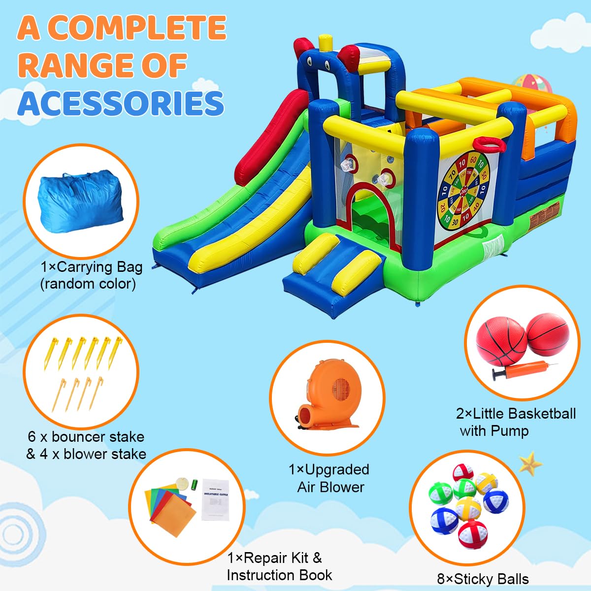 HuaKastro Bounce House - Inflatable Playground with Crossbar Obstacle on Large Bouncy Area, 1x Tall & 1x Small Slide, Giant Dart Board, Climbing Wall - for Indoor Outdoor Kids Party Family Gatherings