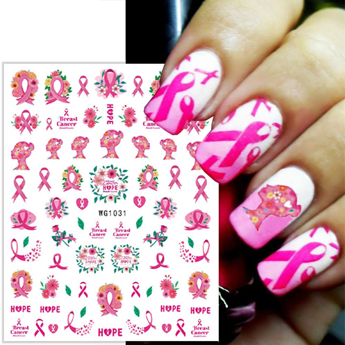 8 Sheets Pink Breast Cancer Awareness Nail Stickers for Nail Art Pink Ribbon Nail Decals 3D Self-Adhesive Breast Cancer Nail Art Stickers Heart Hope Letter Nail Design Decals for Women
