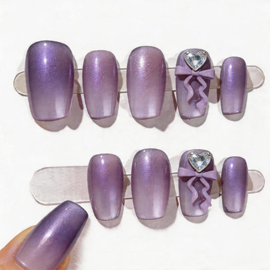 DANNEASY 10PCS Handmade Press on Nails Medium Almond, Purple Cat Eye Acrylic Fake Nails with 3D Bow & Rhinestone Decor, Press ons on Nails for Women