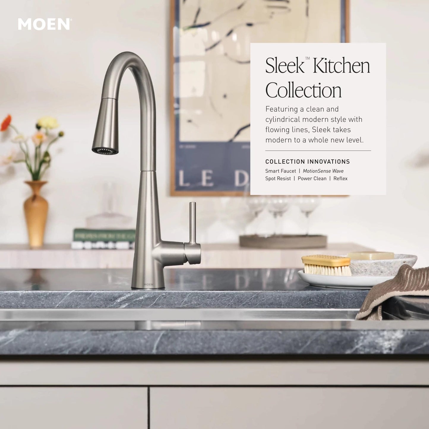 Moen Sleek Spot Resist Stainless One-Handle High Arc Kitchen Faucet with In-Deck Handle for 2-Hole Sink Setups, 7871SRS