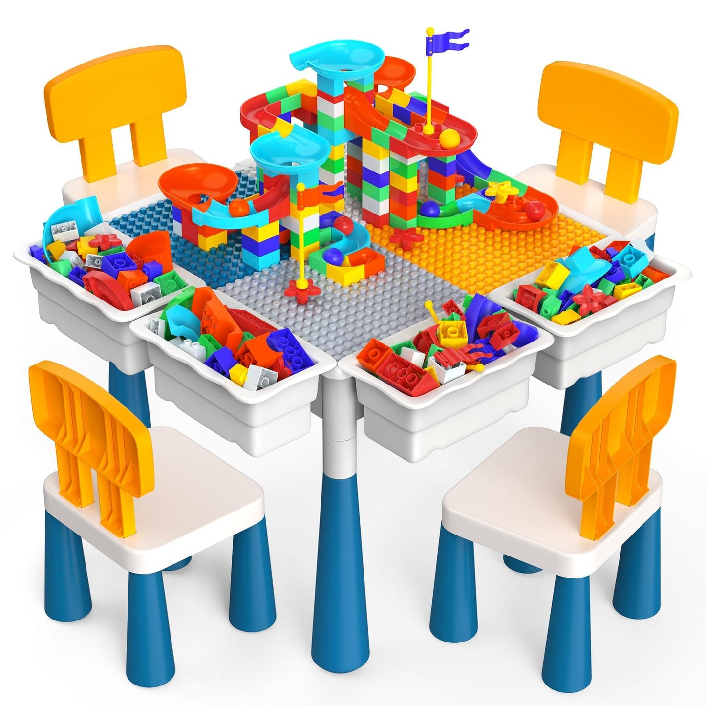 arscniek Toddlers Activity Table 7 in 1 Kids Activity Tables and 4 Chairs with 152Pcs Large Marble Run Building Blocks, Sand/Water Tables, Kids Learning Play Table Toys for Girls Boys Toddler Age 3-7