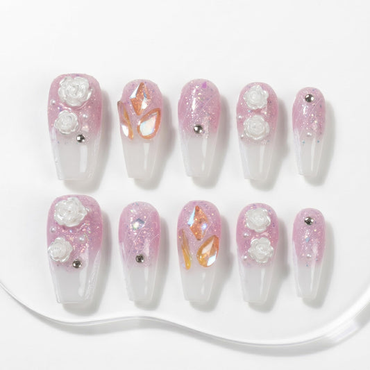 Sun&Beam Nails Handmade Press On Nail Medium Long Coffin Ballerina Purple Flower Fake Tip 3D Design Art Charms Cute with Storage Box 10 Pcs (#004 M)