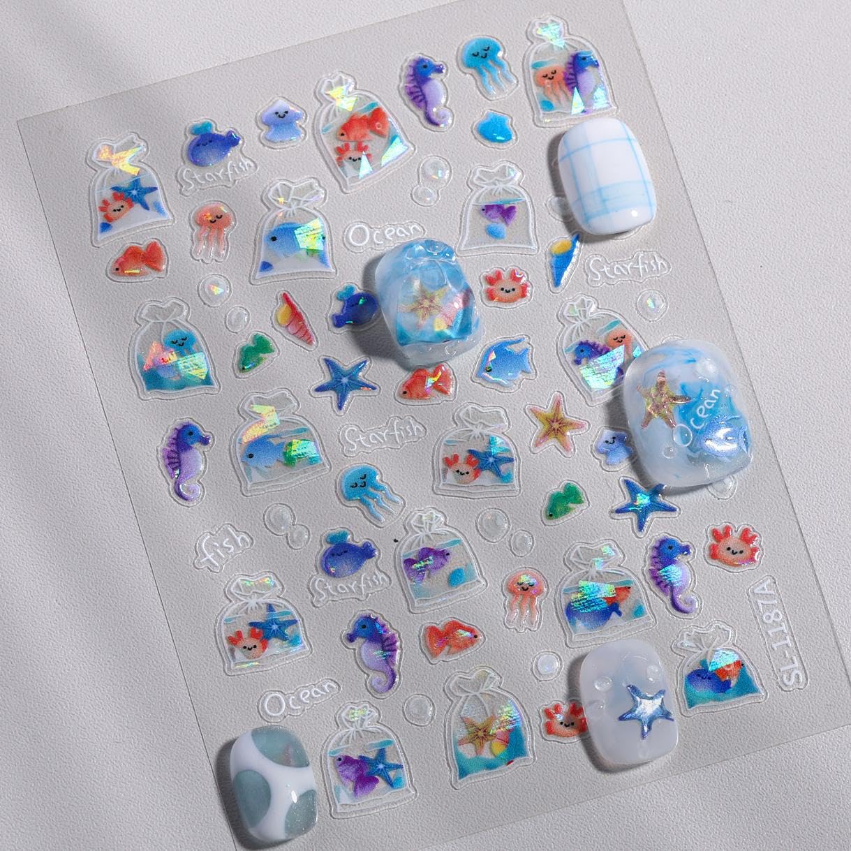 SIMAYKUWA Jelly Bag 3D Goldfish Nail Stickers - 5D Relief Ocean Theme Bubble Water Nail Art Decor, DIY Easy Apply Fake Nails for Women Girls, Cute Long Lasting Manicure Accessories A Set of 2 Sheets
