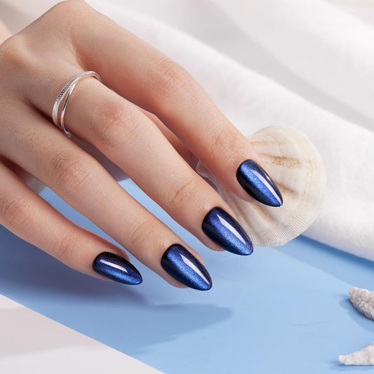 VSALON Press on Nails Short Almond - Blue Cat Eye Chrome Glue On Nails Kit for Women, Reusable Opaque Gel Stick on Nails with Glue & Cuticle Oil - 32 PCS Fake Nails in 16 Sizes (Midnight Tide)