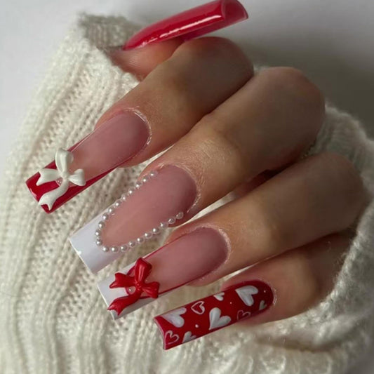 Octoswave Valentine Long Press on Nails Square Fake Nails Red Artificial Nail Bow and Pearl Stick on Nail for Women 24pcs