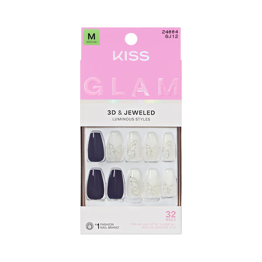 Kiss Glam, Press On Nails, Nail glue included, 'Starry Serenade', Blue, Medium Size, Coffin Shape, Includes 32 Nails, 2g Glue, 1 Manicure Stick, 1 Mini File
