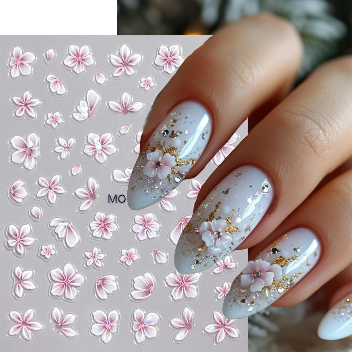 3 Sheets Flowers Nail Art Stickers Decals 5D Embossed Self-Adhesive Nail Decals White Pink Brown Floral Designs Spring Summer Supplies for Acrylic Nails DIY Women Manicure Decoration Accessories