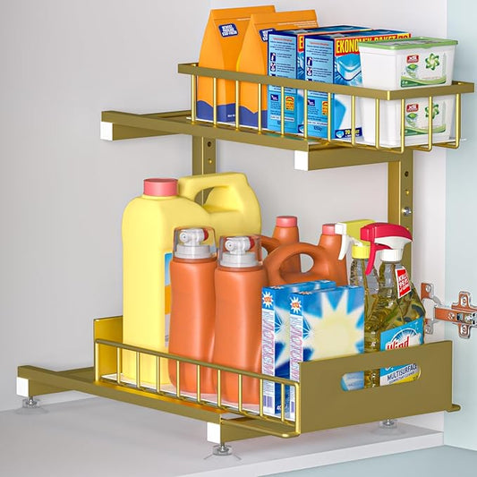 Saydear Under Sink Organizer, 2-Tier Premium Metal Pull-Out Racks with Adjustable Height, Heavy Duty Sliding Bin for Bathroom and Kitchen Cabinet Storage, Rust Resistant 1 Pack