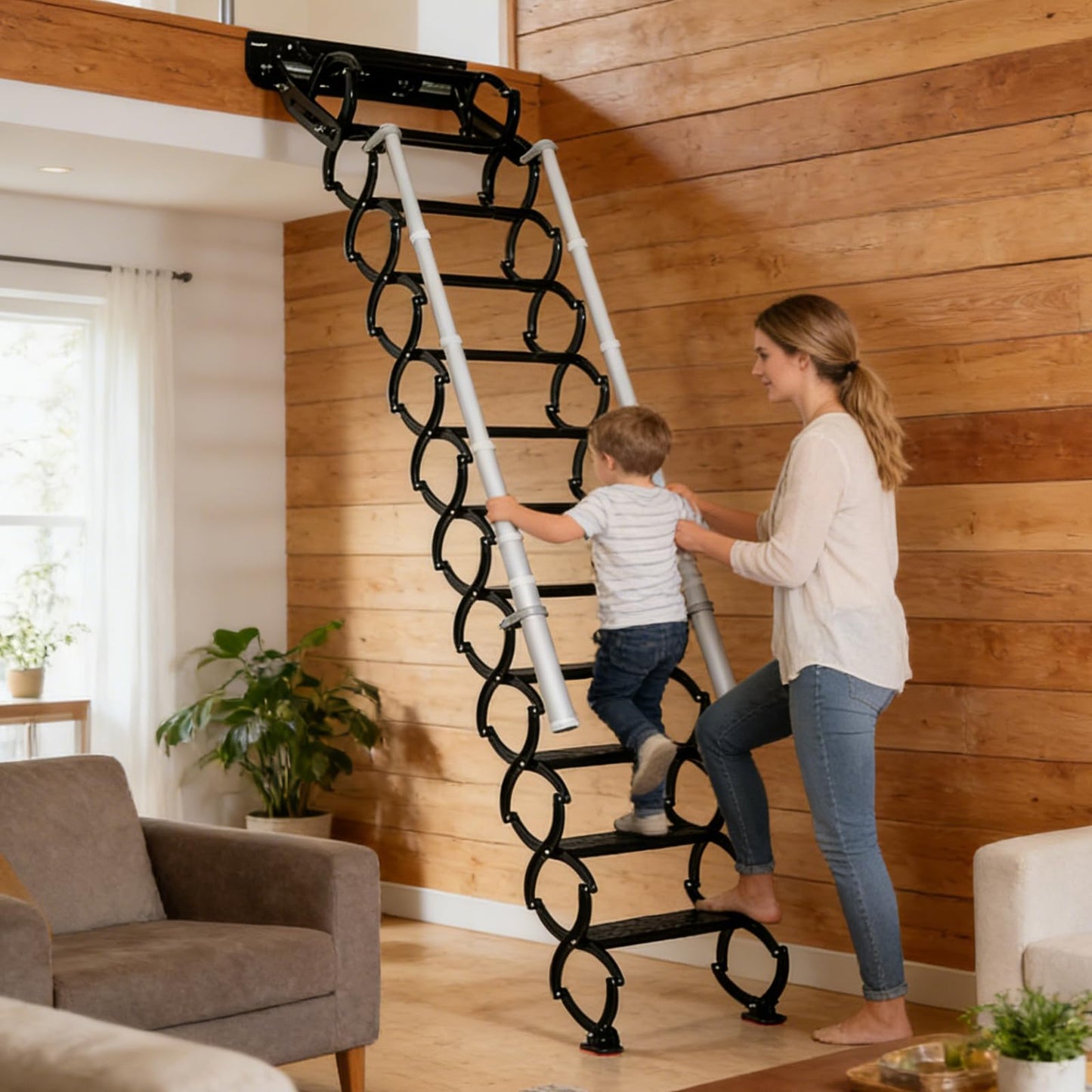 Wall Mounted Folding Ladder with Handrails, Pull Down System Attic Stairs, Telescopic Attic Ladder, Applicable Height 9.6-10ft, Attic, Basement, Warehouse, Passage Folding Stair (Black, 12 Steps)