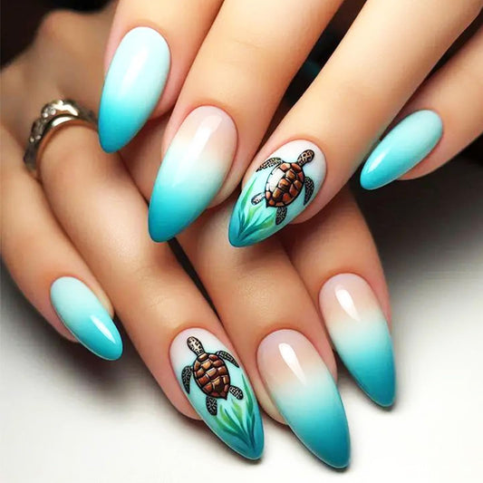 Sea Turtle Press on Nails with Tropical Ocean Design Seaweed Medium Almond False Nails Beach Fake Nail Glossy Blue Ombre Glue on Nail Gradient Stick on Fingernails for Women Summer Daily Wear