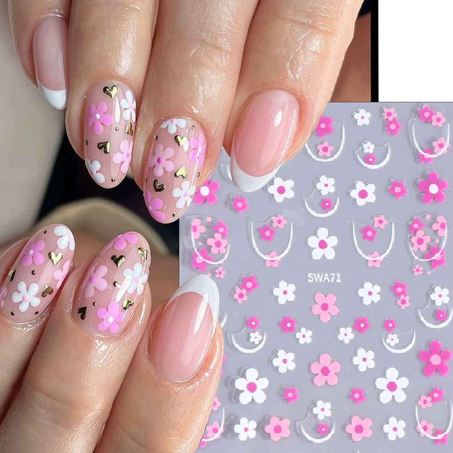 5 Sheets Flower Nail Art Stickers 3D Self-Adhesive Spring French Pink Daisy Floral Design Decals Summer Sunflower Nail Stickers Women DIY Decoration
