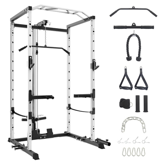 GarveeLife Power Cage, Multi-Function Power Rack with LAT Pulldown, 1600 LBS Weight Capacity Fitness Squat Rack with Cable Pulley System and j-Hooks, Dip Bars and Landmine Attachment for Home Gym